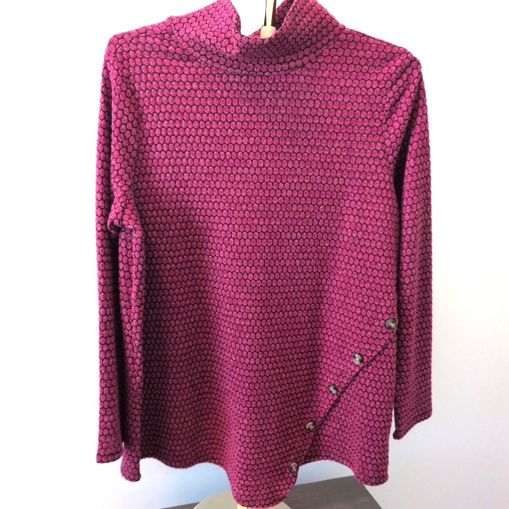New York Laundry Tunic Women Large Magenta Honeycomb Mock Neck Button Hem Top